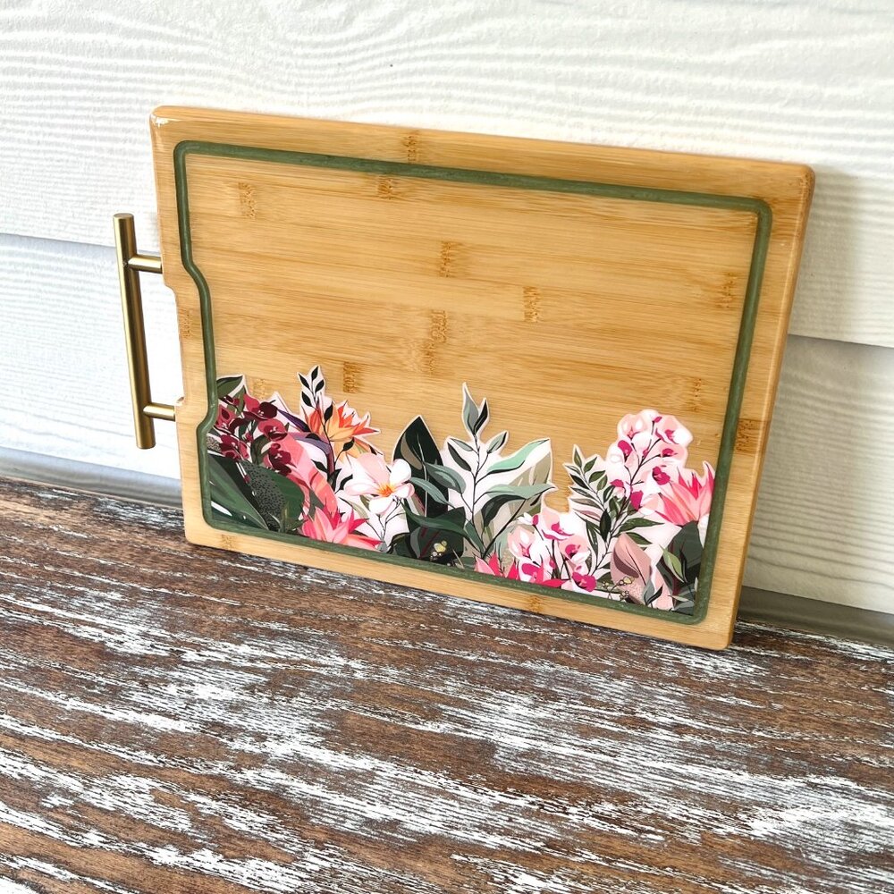 Boho Chic Flowers Resin Wooden Cutting Board Charcuterie Board Handle Cheese - Picture 3 of 6